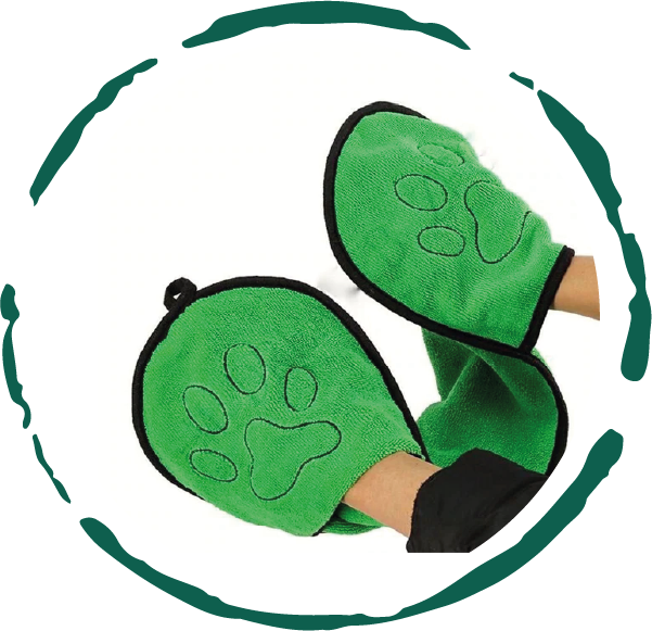 Green paw-shaped mittens with black accents on a white background