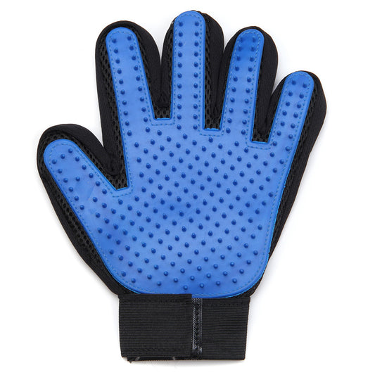 Blue grooming glove with black accents on a white background