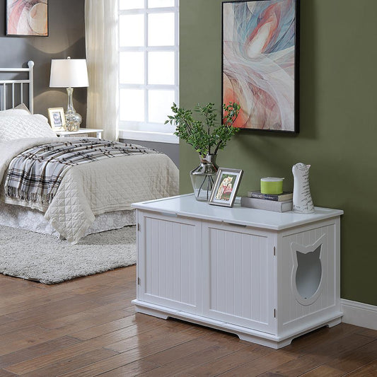 White pet crate with cat door in a bedroom setting