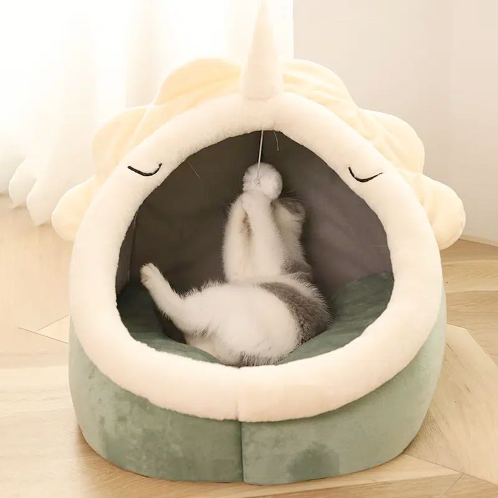 Adorable Dinosaur Pet House with Hanging Toy – Soft Padded Bed for Cats & Small Dogs