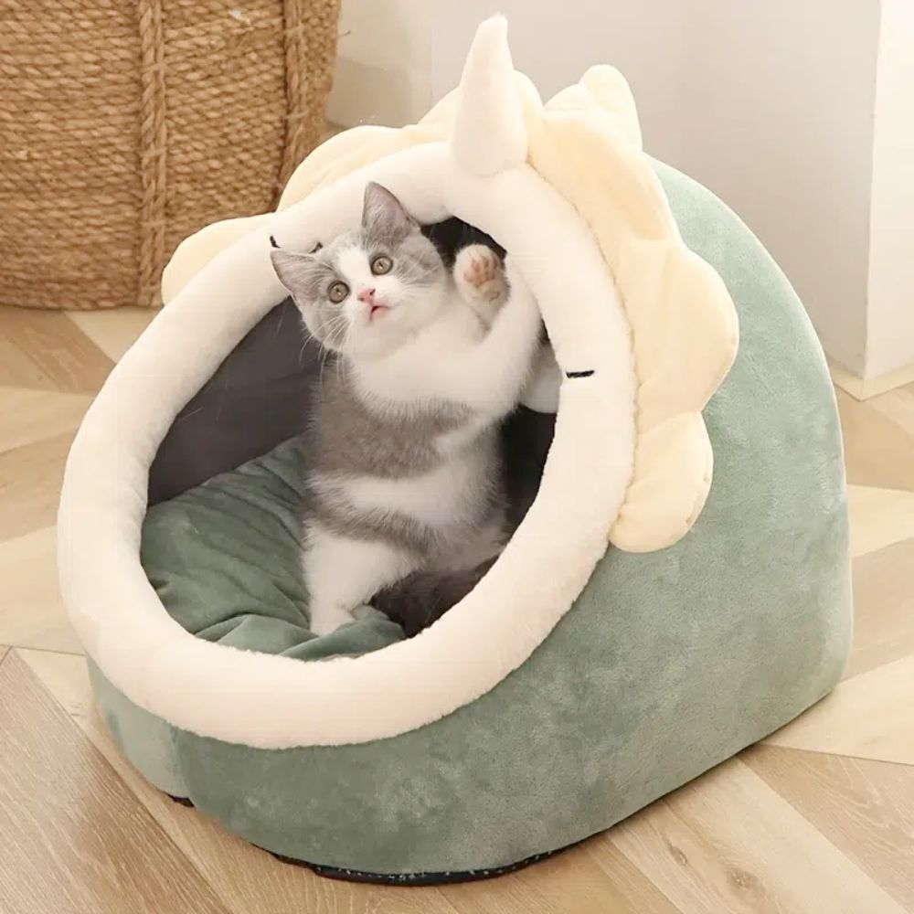 Adorable Dinosaur Pet House with Hanging Toy – Soft Padded Bed for Cats & Small Dogs