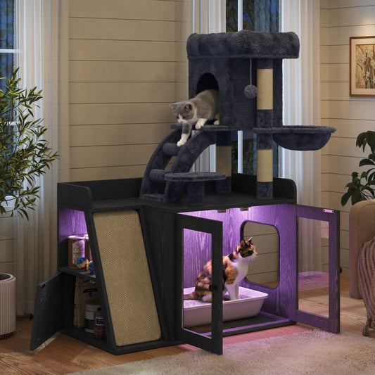 Hidden Litter Box Enclosure & Cat Tree with Scratcher and LED Light