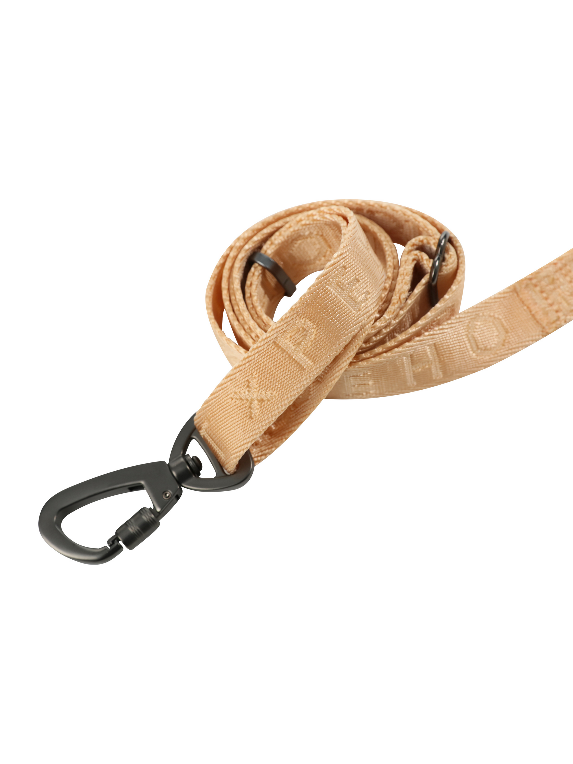 Beige dog leash with black clip on a white background