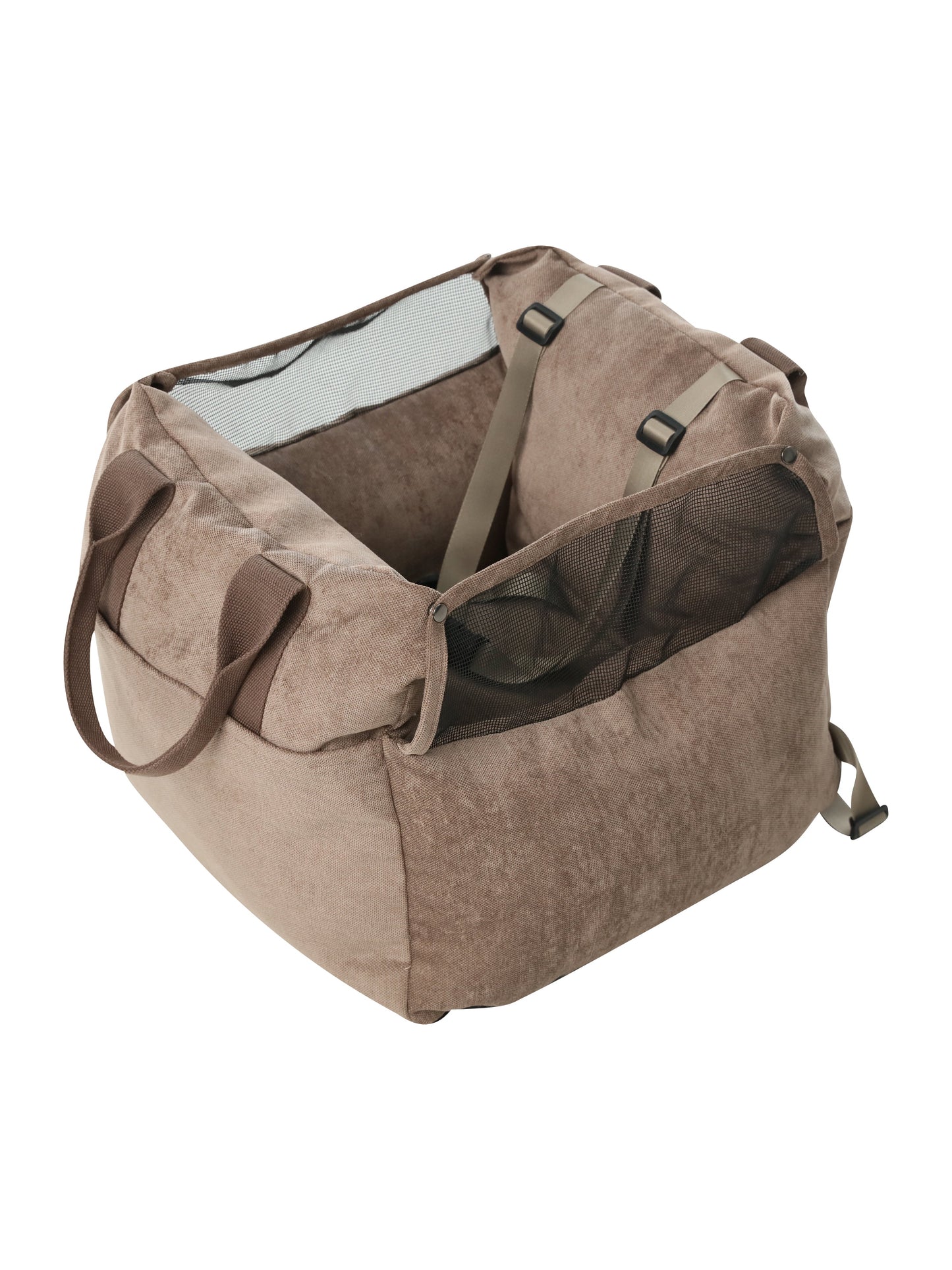 Brown pet carrier with a transparent window on a white background