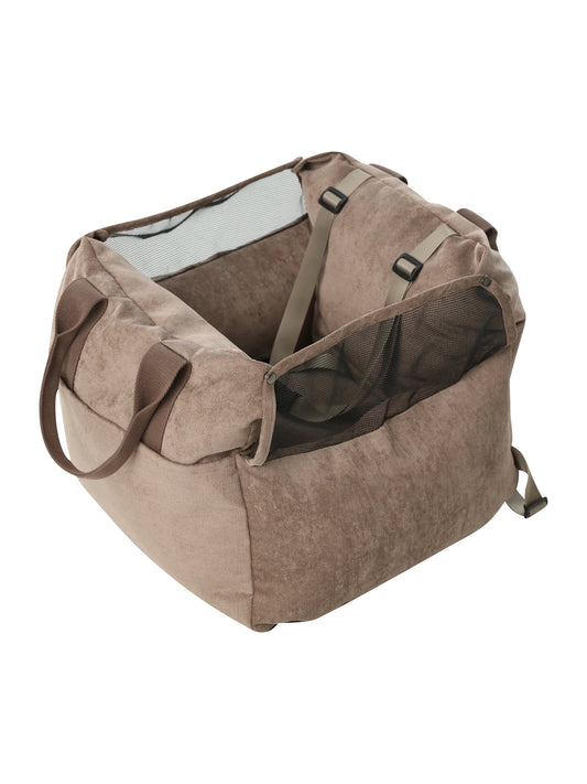 Brown pet carrier with a transparent window on a white background