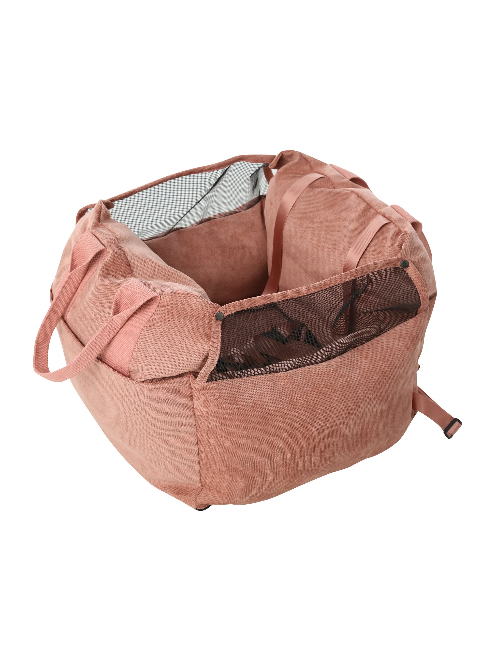 Pink pet carrier with transparent window on a white background