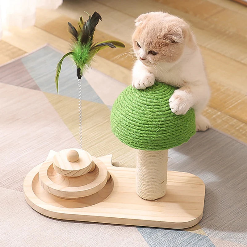 Cat playing on interactive scratching post with feather toy