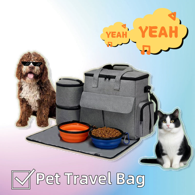 Pet travel bag with a dog and cat, food bowls, and a blue background with 'YEAH' text.