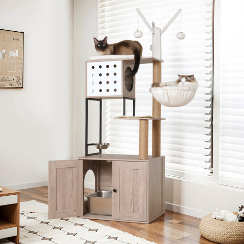 Modern Cat Tree Tower with Litter Box Enclosure
