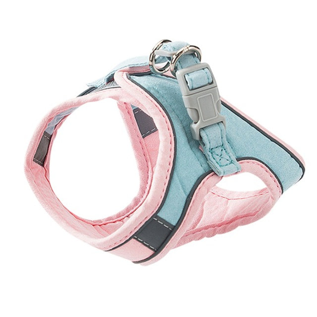 Pink and blue adjustable reflective cat harness with sturdy straps.