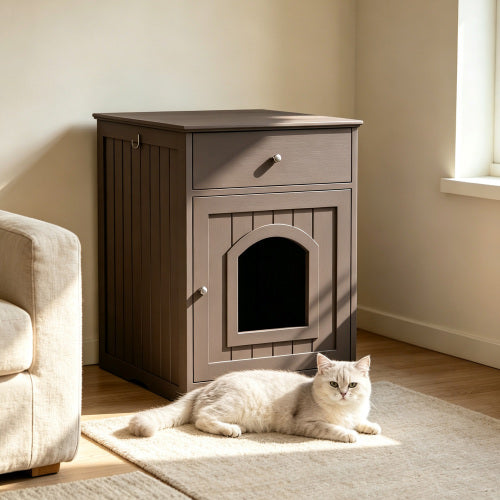 Compact Indoor Cat House Side Table with Storage Drawer