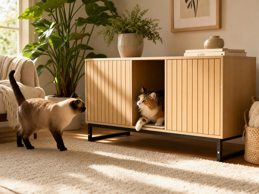 Modern Wooden Cat House with Scratching Mat & Storage