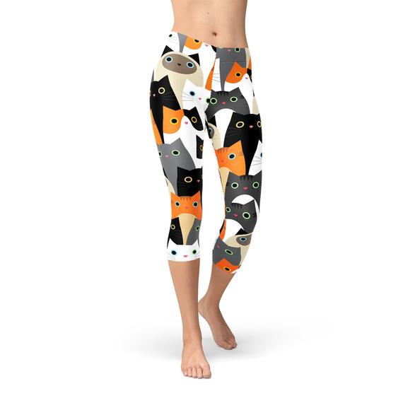 Women’s All Over Print Cat Capri Leggings – Yoga, Workout & Casual Wear